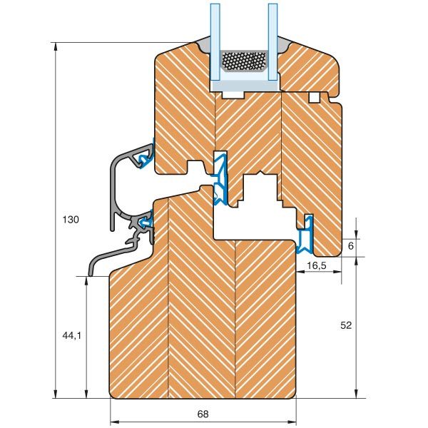 Coupe technique du profilé bois Naturo 68 mm avec cotes