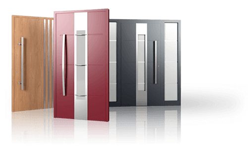 Trois portes d'entrée aluminium en différentes finitions et coloris